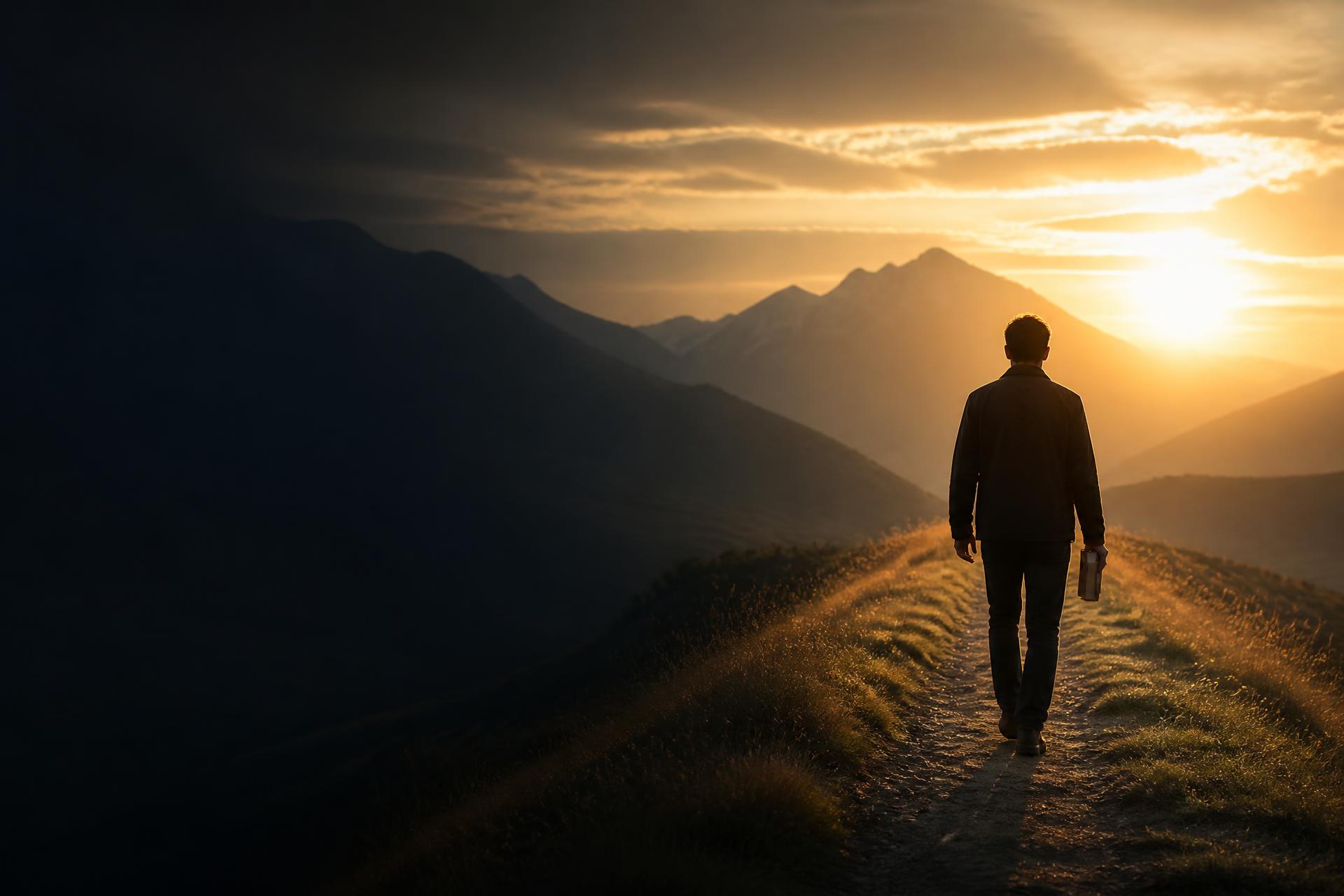 Homem caminhando ao amanhecer com um livro nas mãos rumo às montanhas